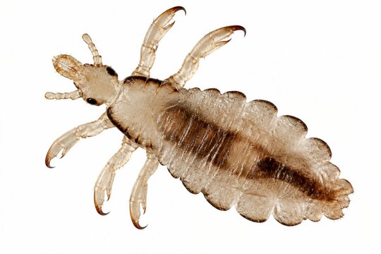 Human head louse magnified showing body segments on white background