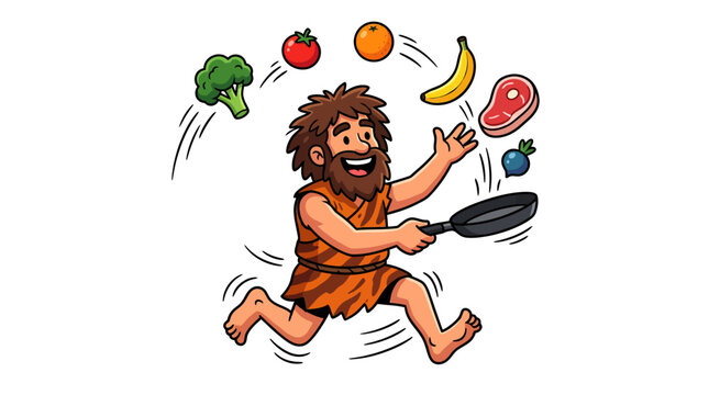Caveman Juggling Food and Frying Pan, Healthy Eating Concept