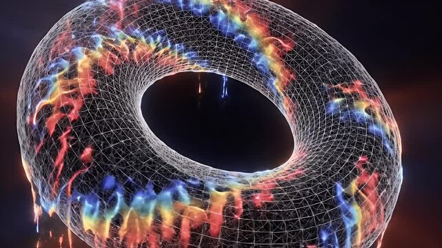Wireframe torus with flowing, melting, colorful molten material