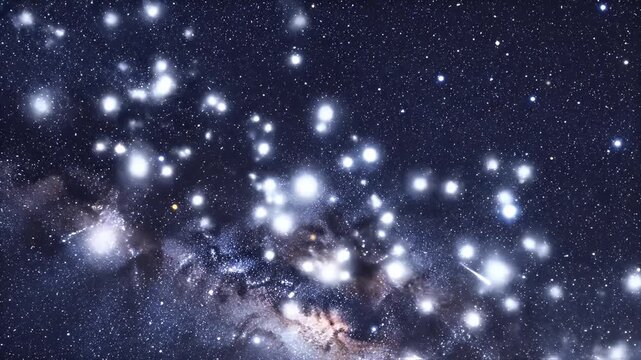 A luminous celestial object streaks across a star-filled galaxy