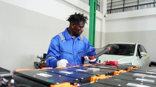 Technician analyzing battery performance in automotive workshop with high tech equipment and safety gear