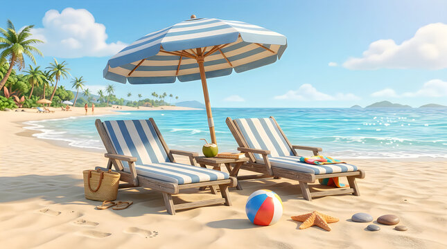 Two beach chairs and umbrella on a sunny tropical sandy beach
