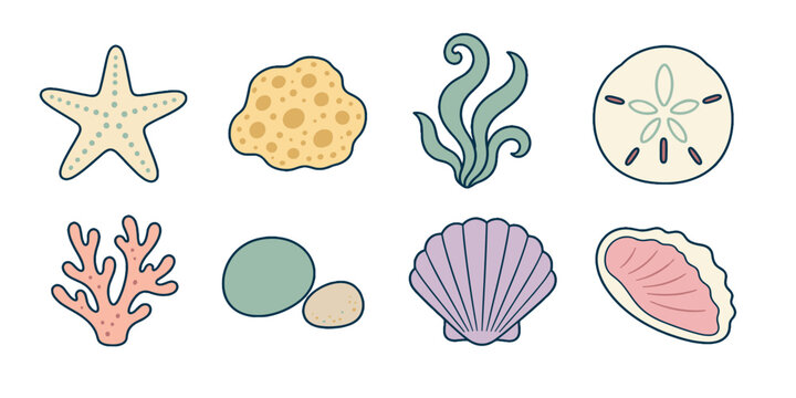 Hand drawn beach and ocean elements icon set