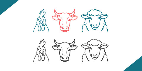 Fototapeta premium A set of hand drawn farm animal head icons featuring cow bull and sheep in line art style
