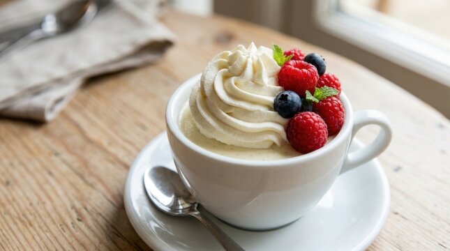 Vanilla pudding in a white cup topped with whipped cream and fresh berries