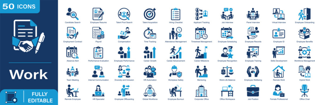 Work solid icon set. Human resources employee hiring checklist applicant tracking job interview employment contract team meeting remote hybrid office setup. Fully editable. Vector illustration