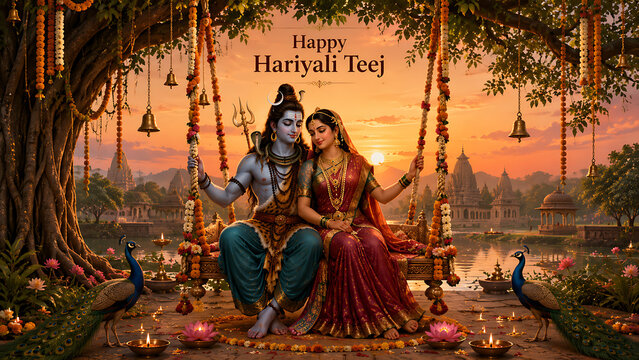 Happy hariyali teej and kajari teej divine shiva parvati seated on decorated swing during sunset beside temple lake with peacocks and lamps