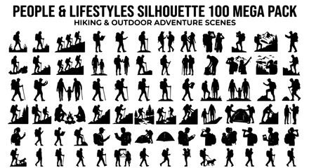 Fototapeta premium People & Lifestyles Silhouette 100 Mega Pack: Hiking & Outdoor Adventure Scenes, Black Vector Icons for Travel, Recreation, and Activity