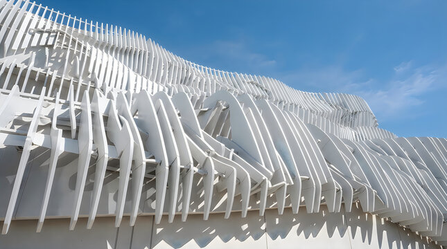 Close up of a white parametric wave wall facade showing intricate layered rib patterns and sharp shadows outdoors