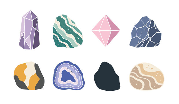 Set of colorful abstract crystal and stone vector stickers