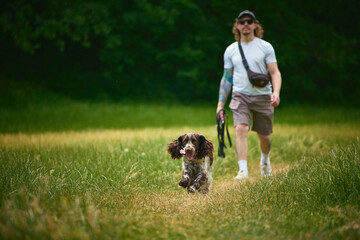 Obraz premium Adult man walking spotted dog on leash through open green meadow. Concept of daily dog walking, healthy owner exercise, leash safety outdoors.