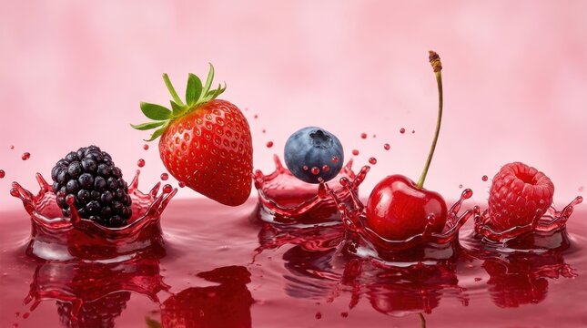 Fresh berries and cherry splashing in red juice