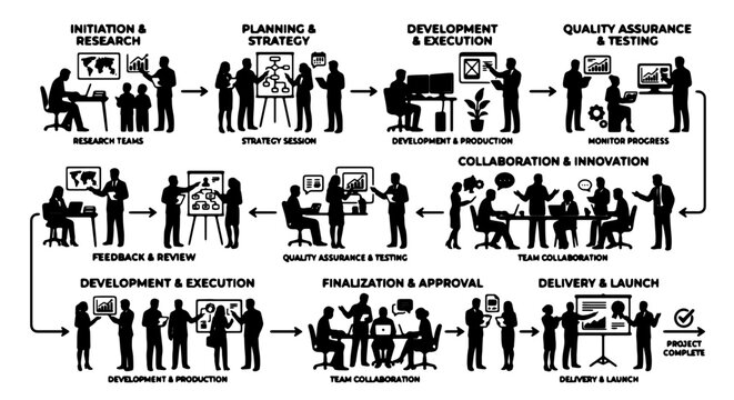 Business Process Flowchart Vector, Project Management Stages, Teamwork Collaboration, Workflow Diagram, Corporate Strategy Development, Agile Methodology
