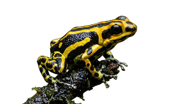 Yellow and black poison dart frog perched on branch. Vibrant tropical amphibian isolated on transparent background for design projects.