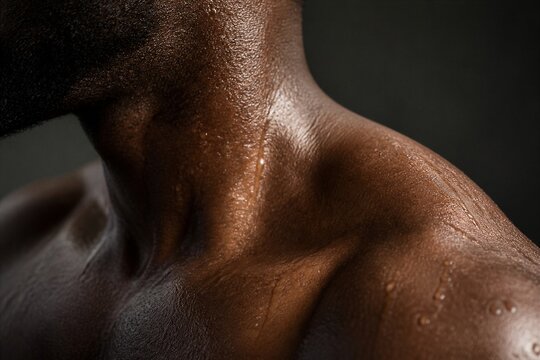 Male torso showing sweat on shoulder in dark studio setting