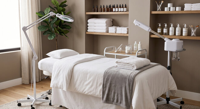 Beauty treatment room with white bed, gray blanket, magnifying lamp, facial steamer, shelves, and products. Organized salon details are clearly visible in soft indoor light.
