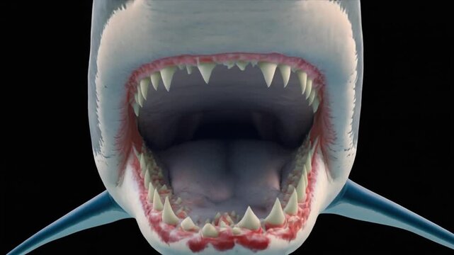Great White Shark emerging from dark water with open jaws and sharp teeth in cinematic motion