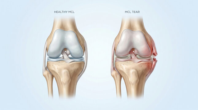 Healthy Knee and Medial Collateral Ligament MCL Tear Medical Illustration
