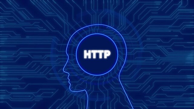 Http protocol concept with digital human head silhouette and circuit board background desi