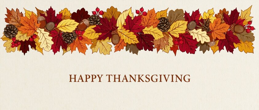 Rustic Happy Thanksgiving Card Featuring Hand Drawn Autumn Foliage Border with Acorns Pinecones and Berries on Textured Vintage Paper Background