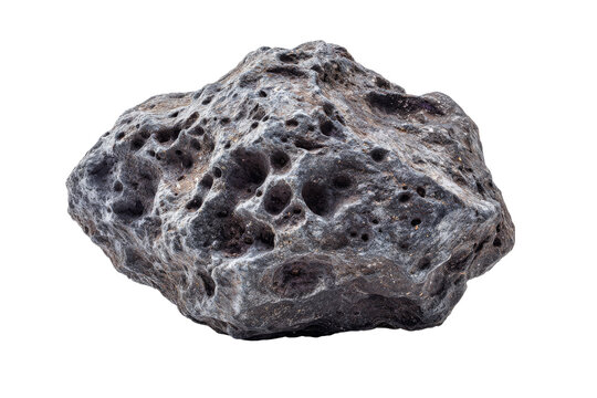 Single rugged cratered asteroid with porous rocky surface texture isolated on transparent background