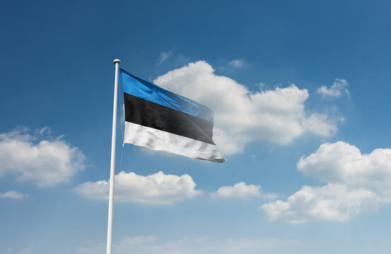 Estonia flag waving in beautiful sky.