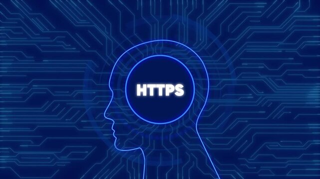 Https secure connection concept: digital human head with circuit board network background