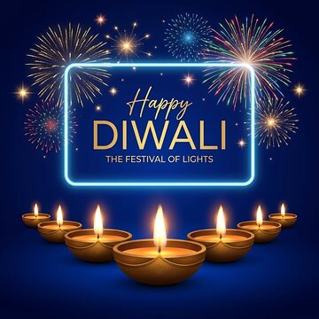 Happy diwali greeting card with glowing diya lamps and colorful fireworks