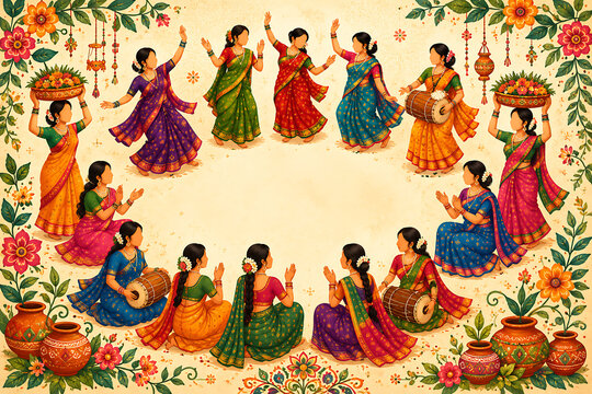 Colorful women celebrate a traditional festival through circular folk dancing, drumming, clapping, flower carrying, vibrant saris, painted pots, botanical borders, and spacious open copy space.