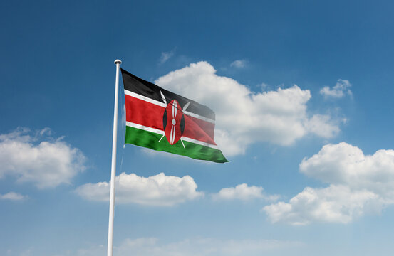 Kenya flag waving in beautiful sky.