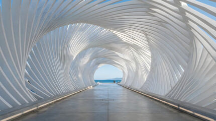 Fototapeta premium Futuristic white parametric tunnel with spiraling arch structures leading to a bright ocean view on a sunny day