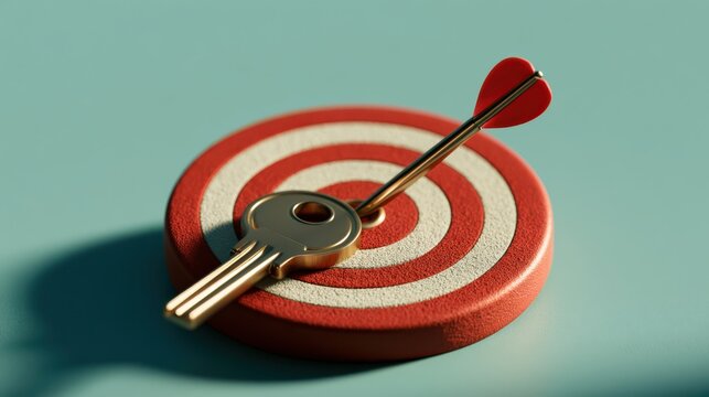 A key piercing the bullseye of a red and white target, symbolizing precision and success.