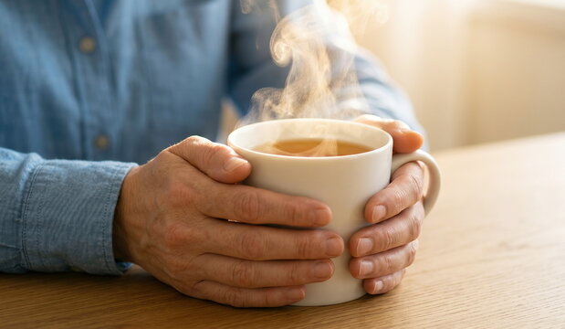 Person's hands cupping warm steaming mug of tea on light wooden table, comforting moment for relaxation.