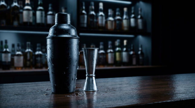 Cocktail shaker and jigger on wet wooden bar counter with bottles in background, for drink preparation and nightlife.