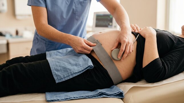 Fetal heart rate monitoring with cardiotocography transducer on pregnant woman belly in clinic, maternal health care concept