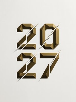 Three dimensional metallic gold numbers twenty twenty seven isolated on a clean white background