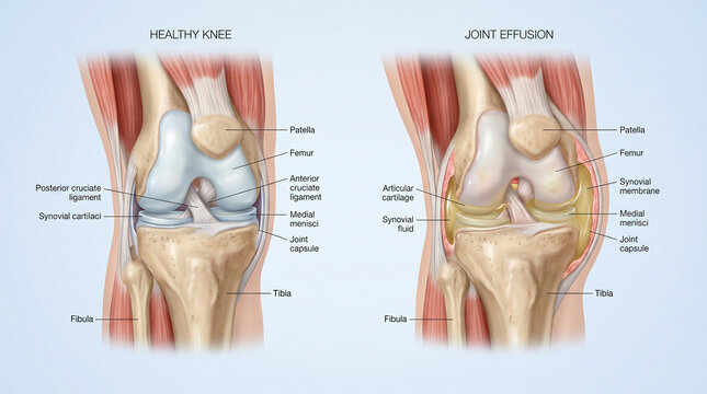 Labeled Medical Diagram of Healthy Knee and Joint Effusion Swelling
