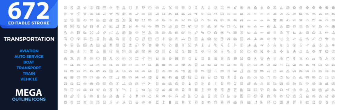 Transportation Mega Outline Icons Collection with Editable Stroke for Aviation, Auto Service, Boat, Transport, Train, Vehicle, Logistics, Shipping, Mobility, Travel, and UI Design