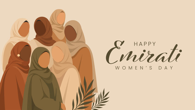  Happy Emirati Women's Day Greeting Banner with Diverse Women Wearing Colorful Hijabs Modern Flat Illustration