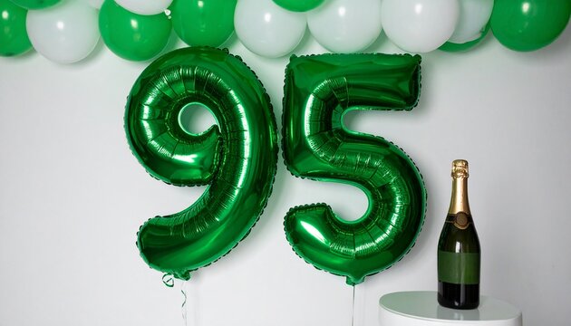 Green Number 95 Balloon with Champagne Bottle for Birthday or Anniversary Celebration