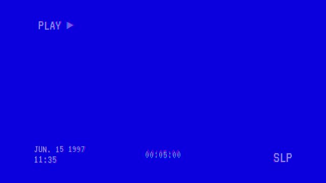 Retro vhs blue screen background with glitch distortion effects and playback overlay, 4k vhs play video