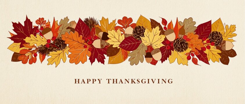 Rustic Happy Thanksgiving Card Featuring Hand Drawn Autumn Foliage Border with Acorns Pinecones and Berries on Textured Vintage Paper Background