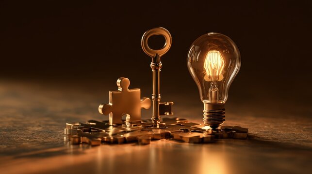 A glowing vintage light bulb beside a key and a puzzle piece on a reflective surface, symbolizing ideas, solutions, and discovery.