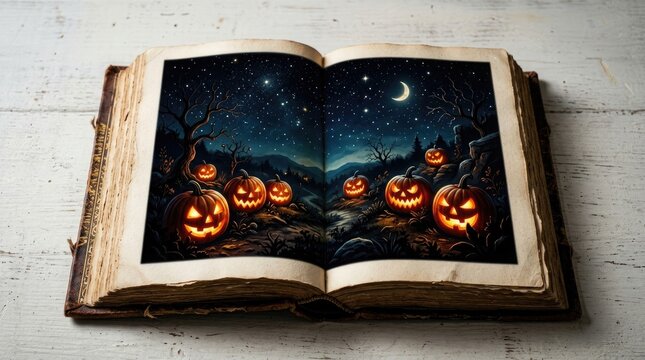 An open vintage book revealing a magical glowing illustration of spooky carved pumpkins in a dark forest scene