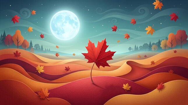 Whimsical autumn landscape with falling maple leaves, full moon over rolling hills at night, magical fall season background for seasonal greetings