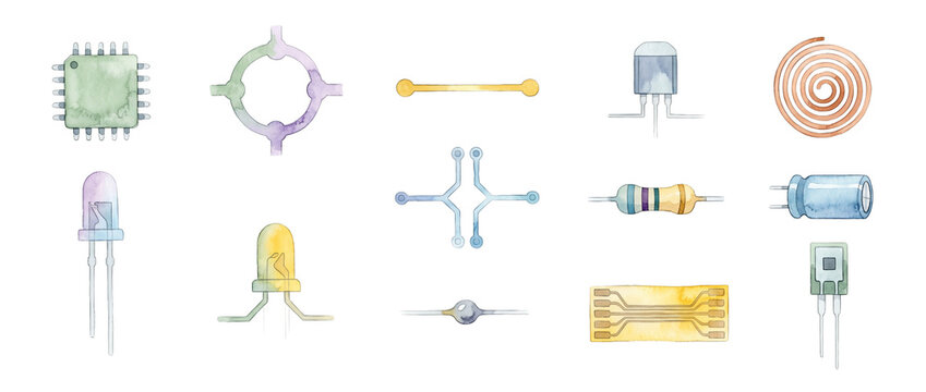 Electronic components watercolor illustration set featuring microchip circuit resistor capacitor LED transistor and coil isolated on white background for technology science engineering graphic design