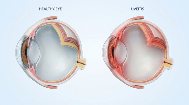 Anatomy Comparison of Healthy Eye and Uveitis Inflammation Condition
