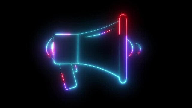 neon glowing hand speaker animated on black background. Megaphone icon neon light sound icon, audio, speaker icon 4k animation.