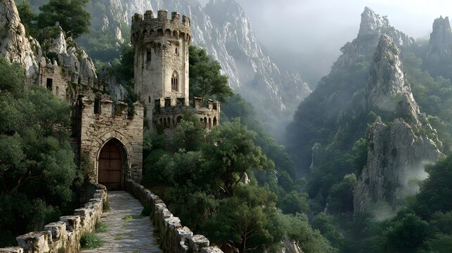 Ancient stone fortress and lookout tower guarding narrow foggy mountain pass surrounded by dense green forest.