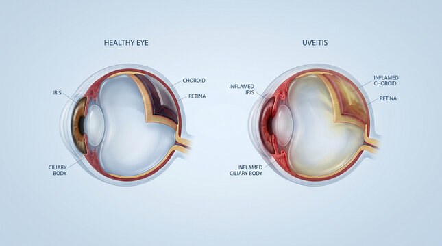 Labeled Medical Diagram of Normal Eye and Inflamed Uveitis Anatomy

